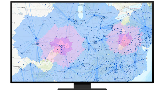Un gráfico de un monitor de ordenador que muestra un mapa de conexión en azul y morado sobre un fondo blanco