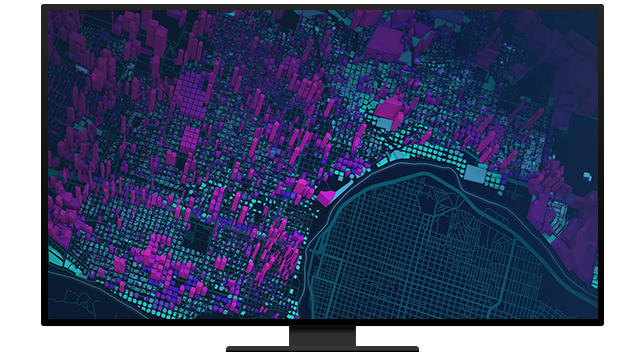 Un gráfico de un monitor de ordenador que muestra un mapa de análisis 3D en morado, verde y rosa sobre un fondo negro