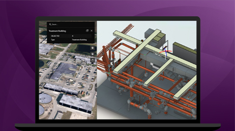Gráfico de un monitor de ordenador portátil que muestra dos modelos 3D de proyectos de construcción