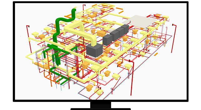 Gráfico de un monitor de ordenador que muestra un modelo geométrico complejo de tuberías y cables interconectados en rojo, amarillo y verde