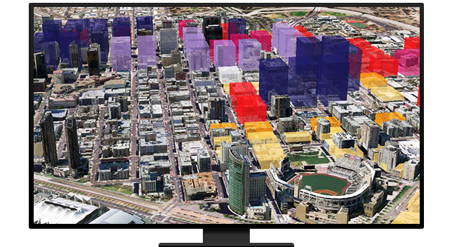 Gráfico de un monitor de ordenador que muestra una foto aérea de una ciudad urbana con varios edificios resaltados en morado, rojo o amarillo