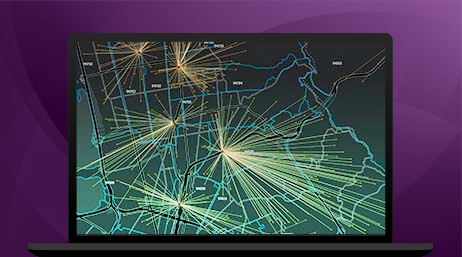 Gráfico de un monitor de ordenador portátil que muestra un mapa verde y negro con puntos amarillos rodeados de líneas radiantes