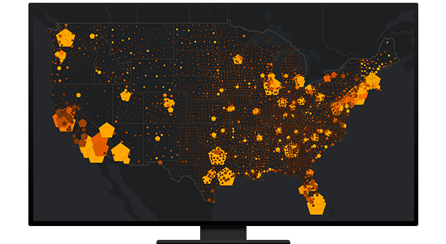 Gráfico de un monitor de ordenador que muestra un mapa de concentración de los EE. UU. con grupos que se muestran en amarillo y naranja