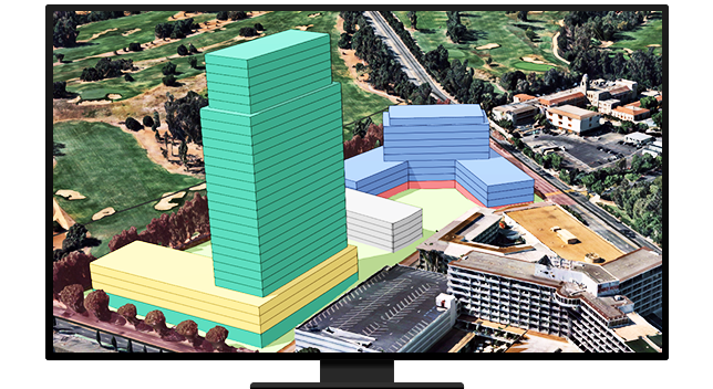Gráfico de un monitor de ordenador que muestra una representación en 3D de un posible desarrollo de gran altura en un área suburbana