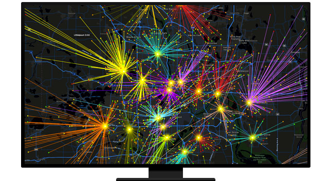 Un gráfico de un monitor de ordenador que muestra un mapa en amarillo intenso, púrpura, rojo y azul sobre un fondo negro