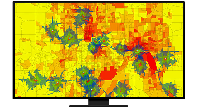 Un gráfico de un monitor de ordenador que muestra áreas en un mapa coloreadas en azul y rojo sobre un fondo amarillo