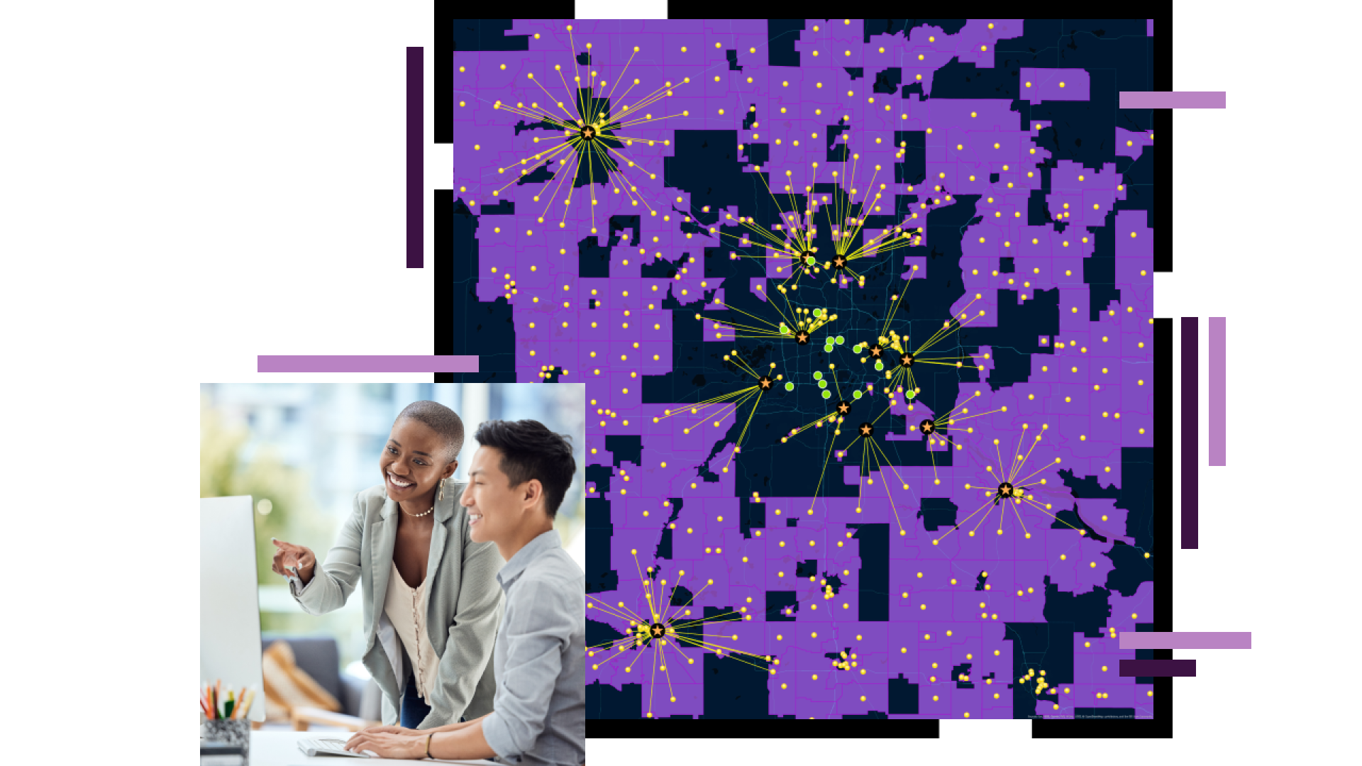 Mapa con datos de mercado, dos profesionales del marketing y la publicidad mirando un portátil