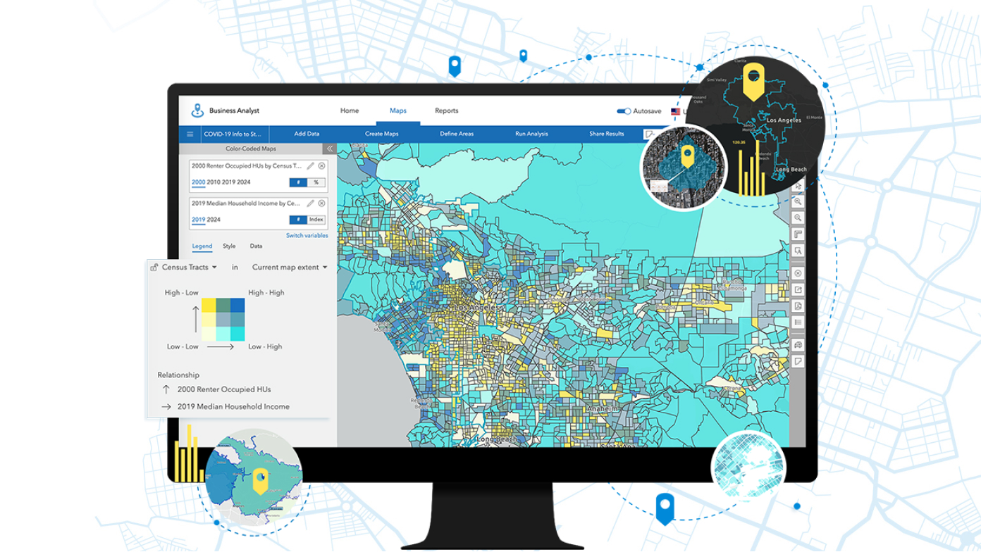 Mapas y gráficos de ArcGIS Business Analyst en la pantalla de un ordenador de escritorio