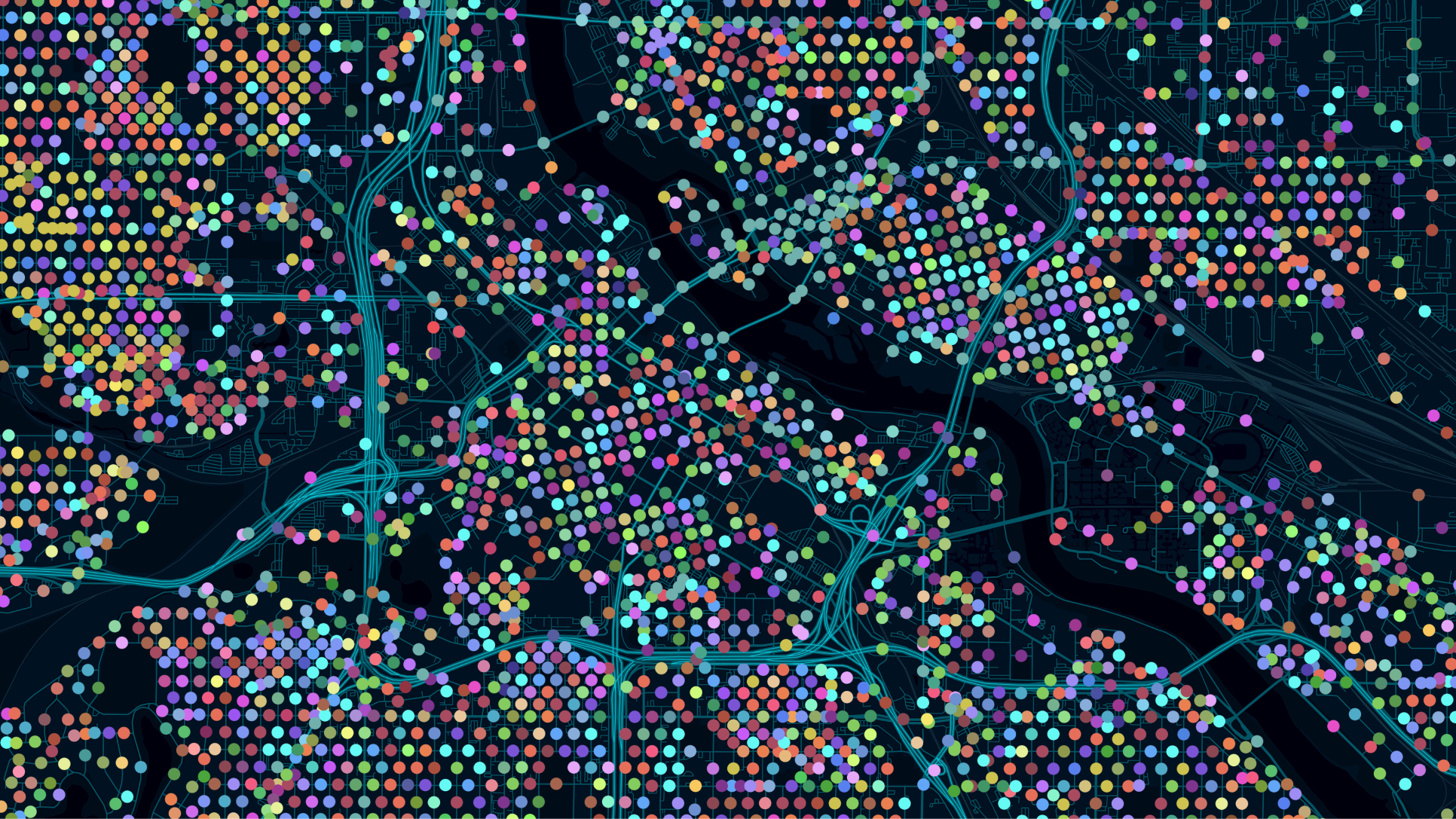 Mapa negro con puntos de varios colores que indican análisis avanzados