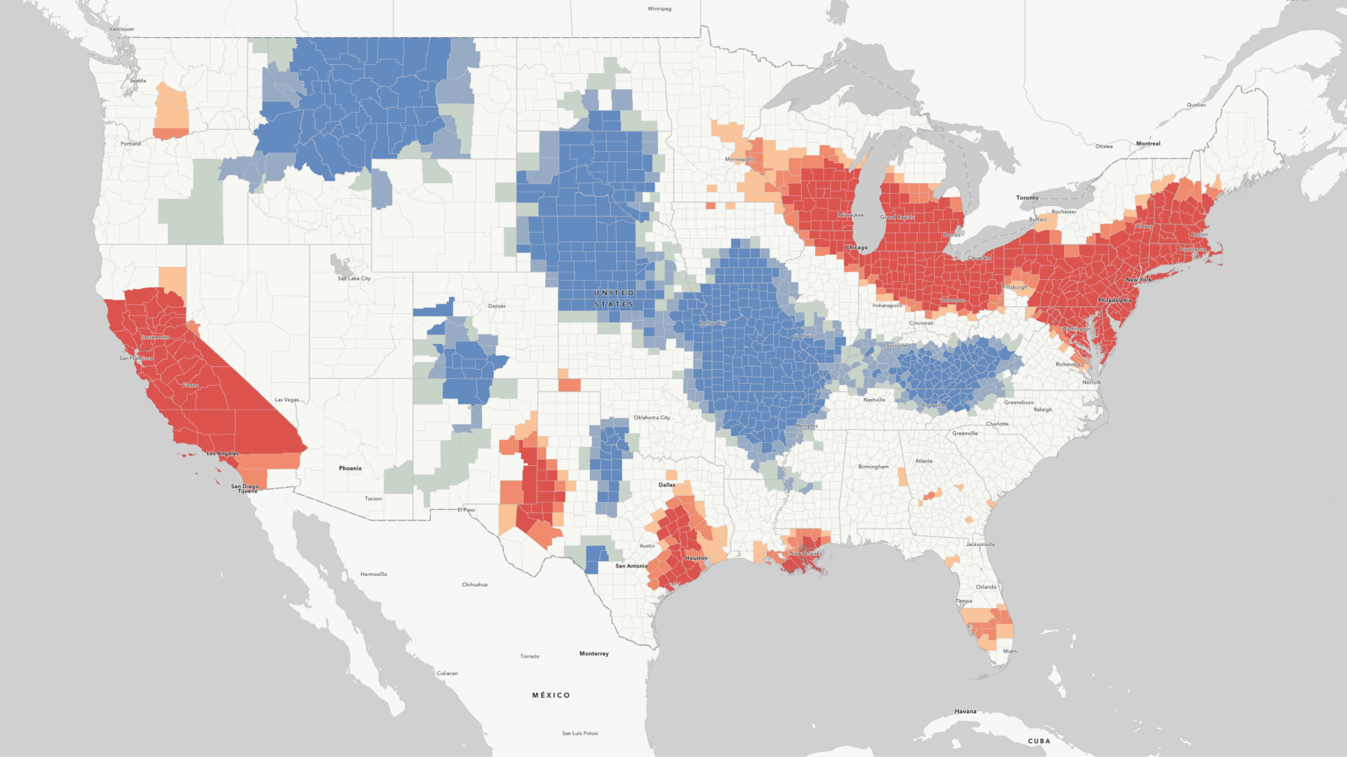 Mapa de Estados Unidos con puntos calientes indicadores