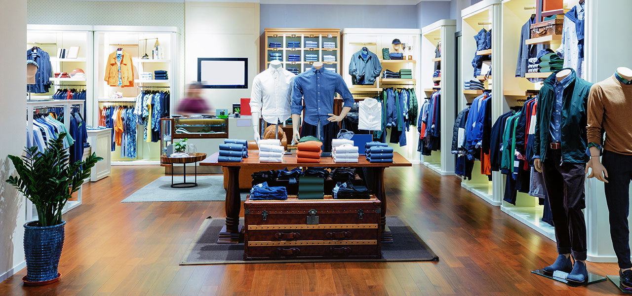 Una foto del interior de una tienda bien iluminada llena de estantes de ropa en azul, blanco y naranja.