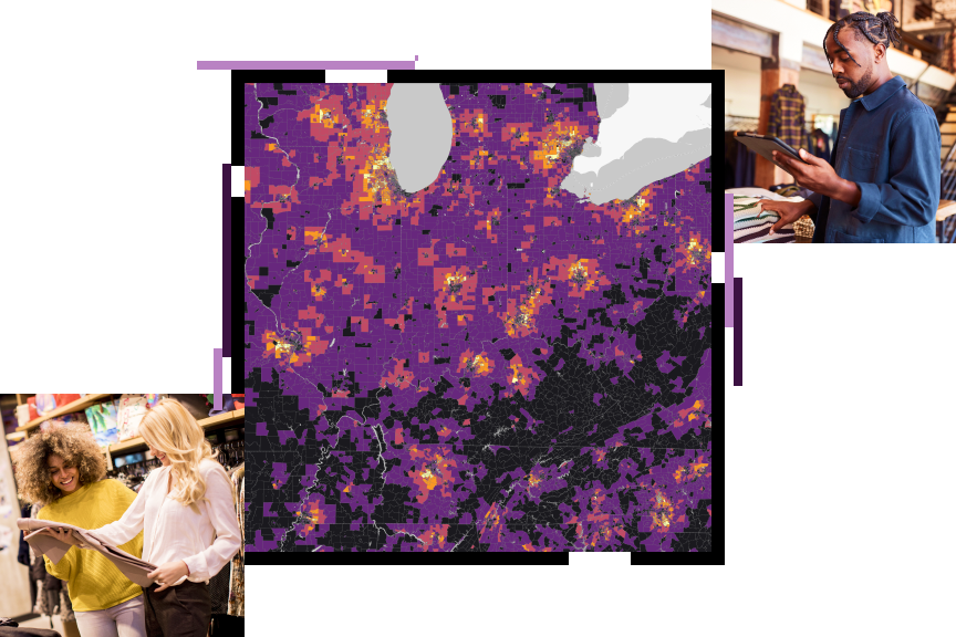 Un mapa de diagramas de dispersión en azul y blanco sobre un fondo rojo, superpuesto con dos fotos de compradores examinando artículos en venta