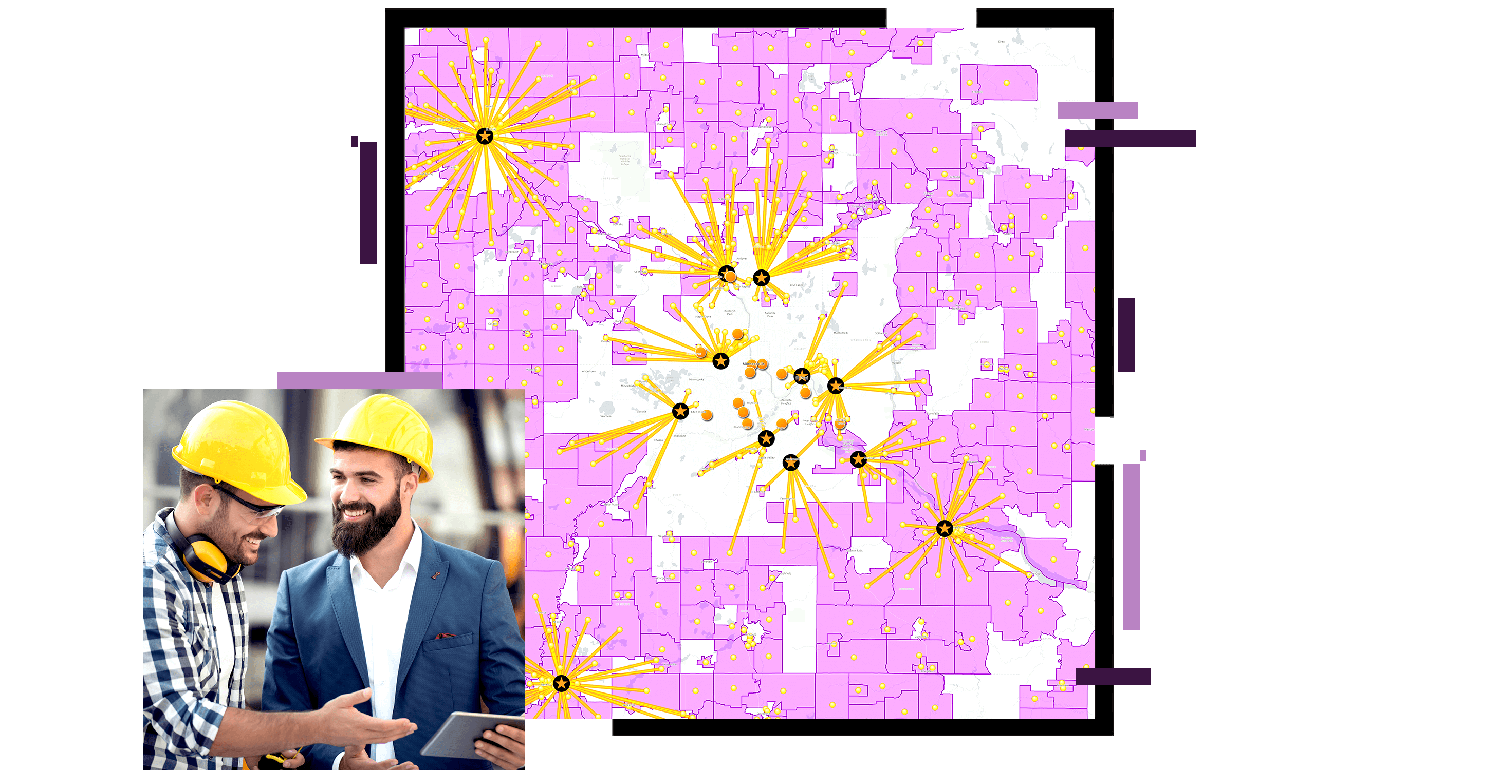 Un mapa de elección de sitios en amarillo y rosa, superpuesto con una foto de dos personas con cascos comentando la pantalla de una tablet