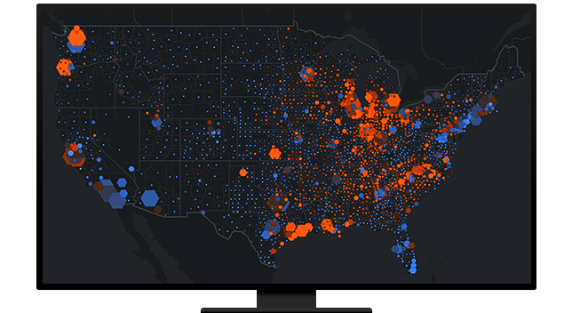 Un gráfico de un monitor de un ordenador portátil que muestra un mapa de densidad de Norteamérica en rojo y azul sobre un fondo negro
