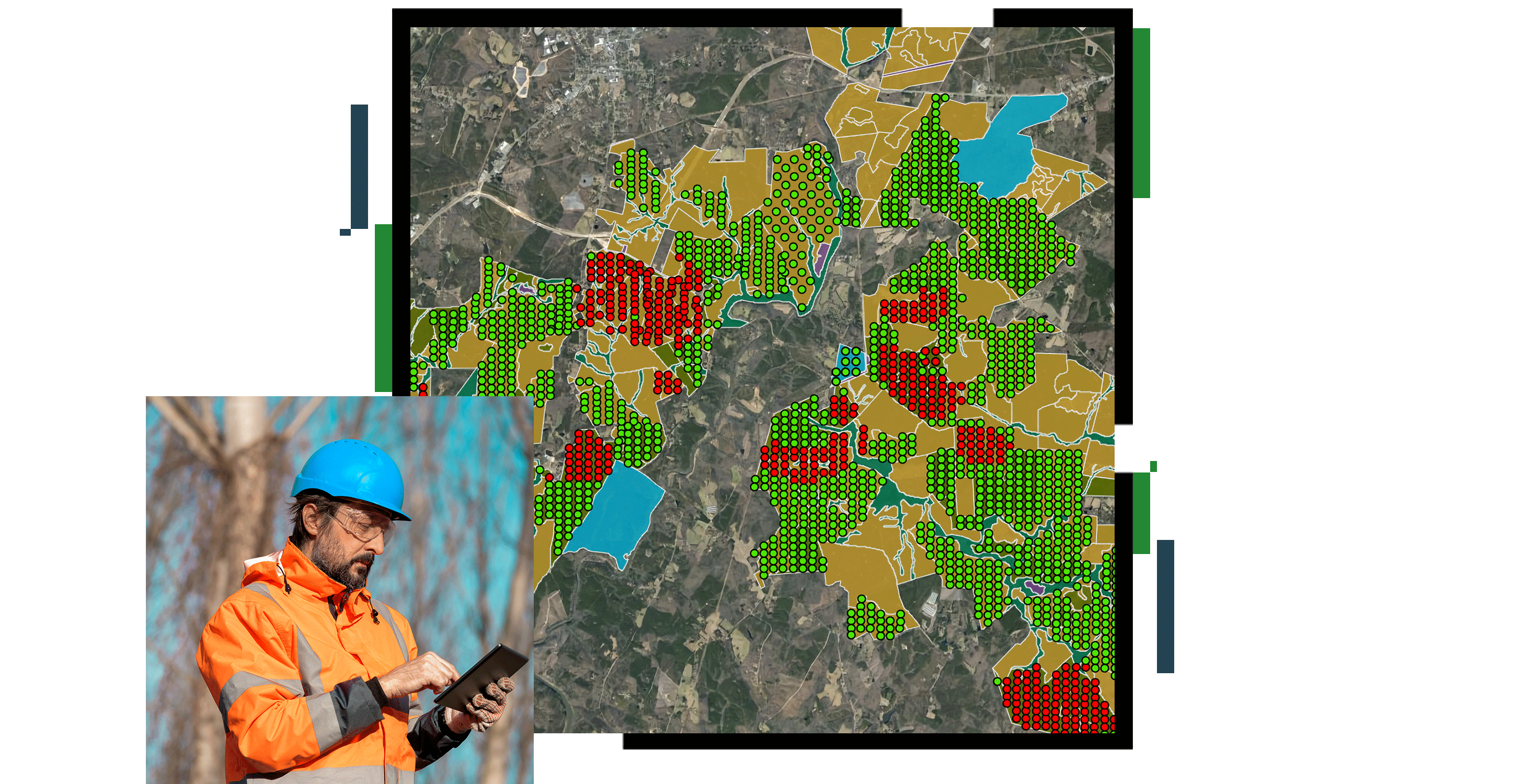 Un mapa de concentración en puntos rojos y verdes sobre un fondo gris, superpuesto con una foto de una persona con un chaleco utilitario naranja y un casco usando una tablet en un bosque