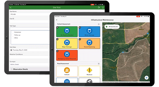 Una imagen de dos tablets móviles que muestran información coordinada, incluida una foto aérea de tierras de cultivo, varios puntos de datos y varios menús