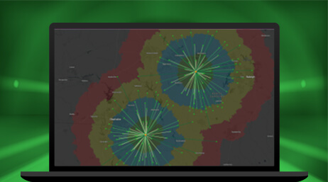 Una imagen de la pantalla de un portátil que muestra un mapa en azul opaco, amarillo y rojo sobre un fondo gris, con líneas radiantes que muestran conexiones a dos puntos centrales