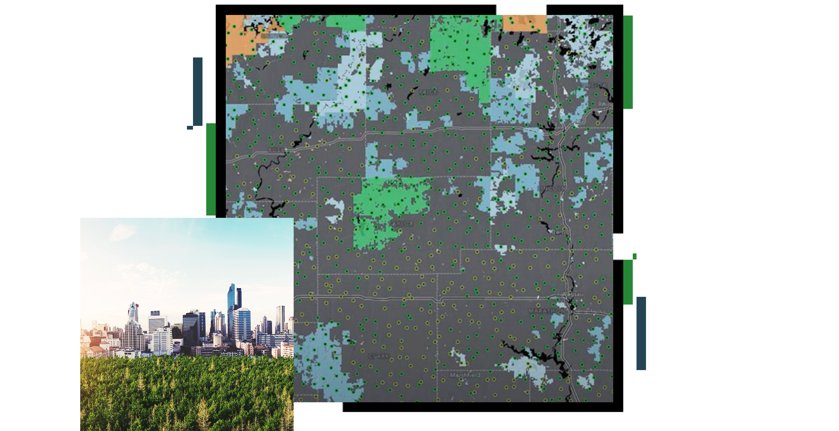 Un mapa gris y azul con secciones de color verde con pequeños puntos amarillos, superpuesto con una foto de un paisaje de copas de árboles con un paisaje urbano a lo lejos