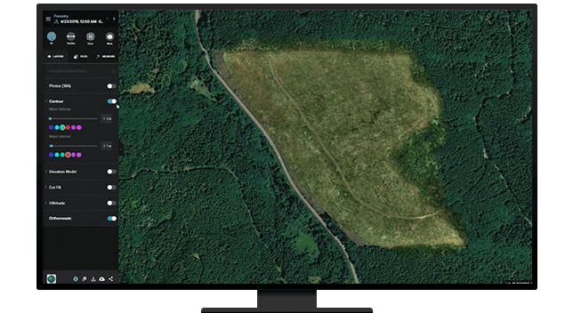 Una imagen de la pantalla de un ordenador que muestra un mapa de contorno de un bosque de color verde oscuro junto con un menú de opciones de análisis