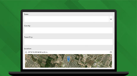 Graphic of a laptop monitor displaying a map and survey display on a green background