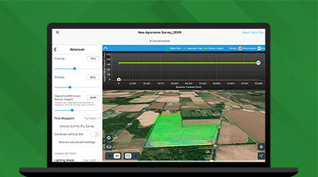 Graphic of a laptop monitor displaying a map dashboard with an 3D map of farmland alongside related data