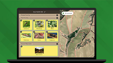 Graphic of a laptop monitor displaying a map dashboard with an aerial photo of farmland alongside related imagery data