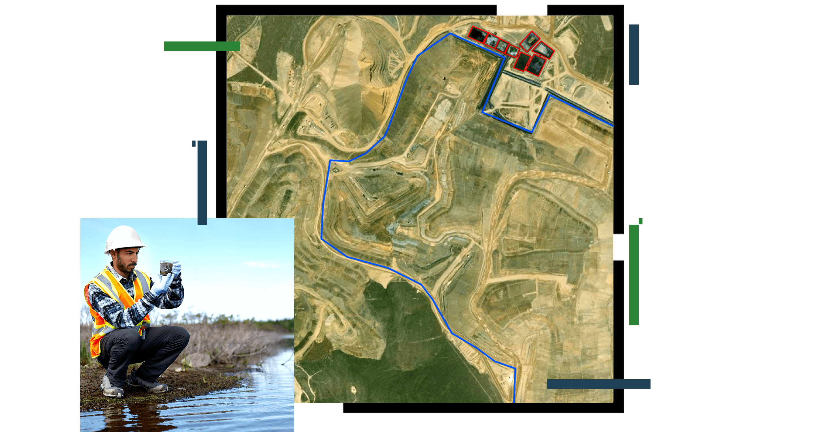 Un trabajador de campo agachado en la orilla de un río recogiendo agua en un muestreador de agua y un mapa aéreo en el fondo que resalta las áreas de interés en azul y rojo.