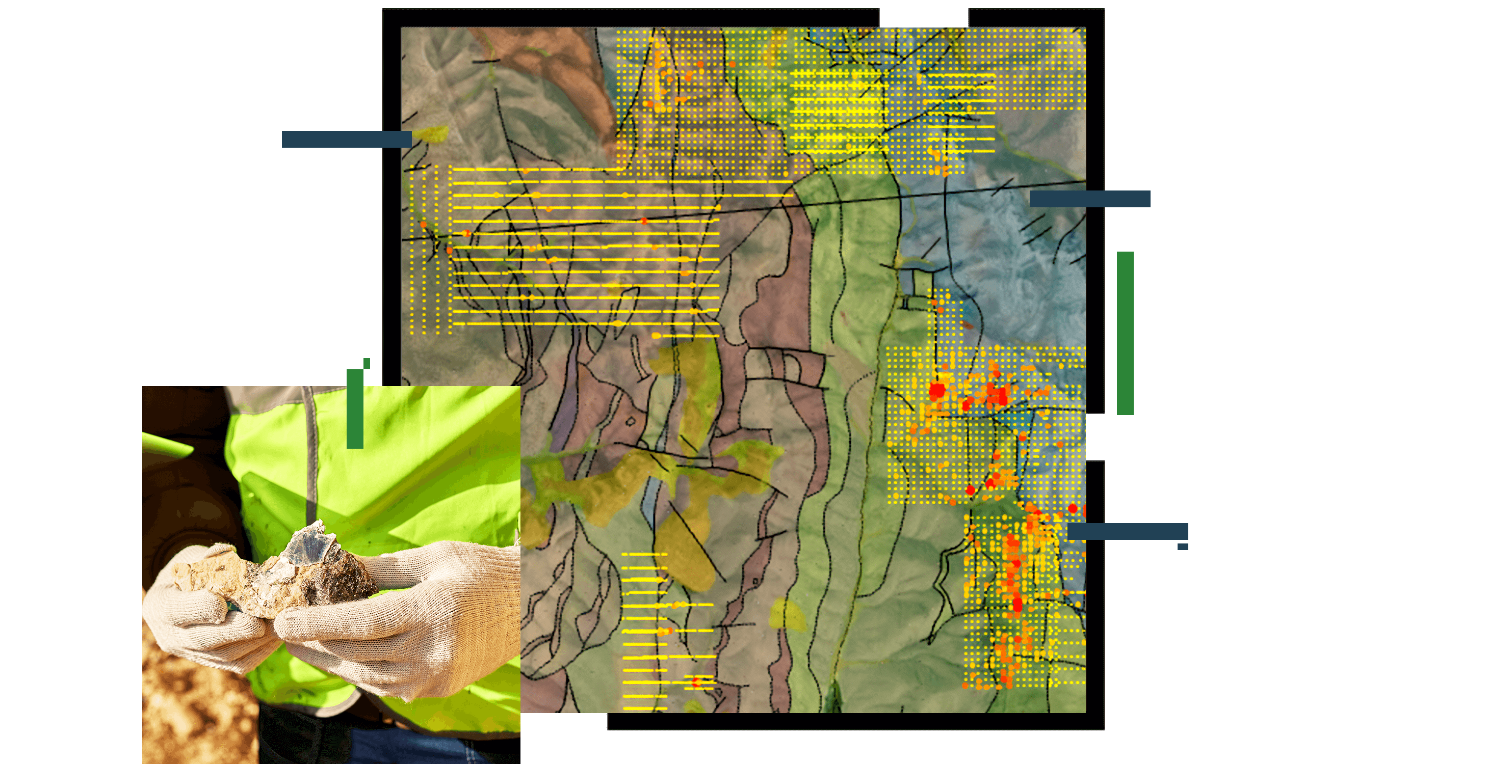 Un trabajador de campo con una chaqueta amarilla neón y guantes marrones que sostiene una roca y un mapa que muestra las áreas rojas, amarillas y naranjas donde se lleva a cabo la exploración de minerales