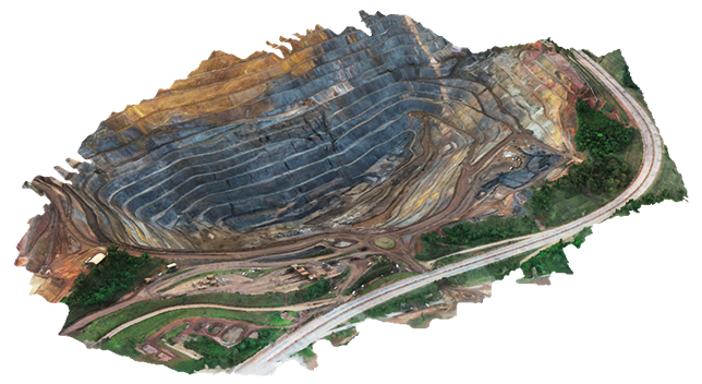 Una vista aérea en 3D de una instalación minera de superficie