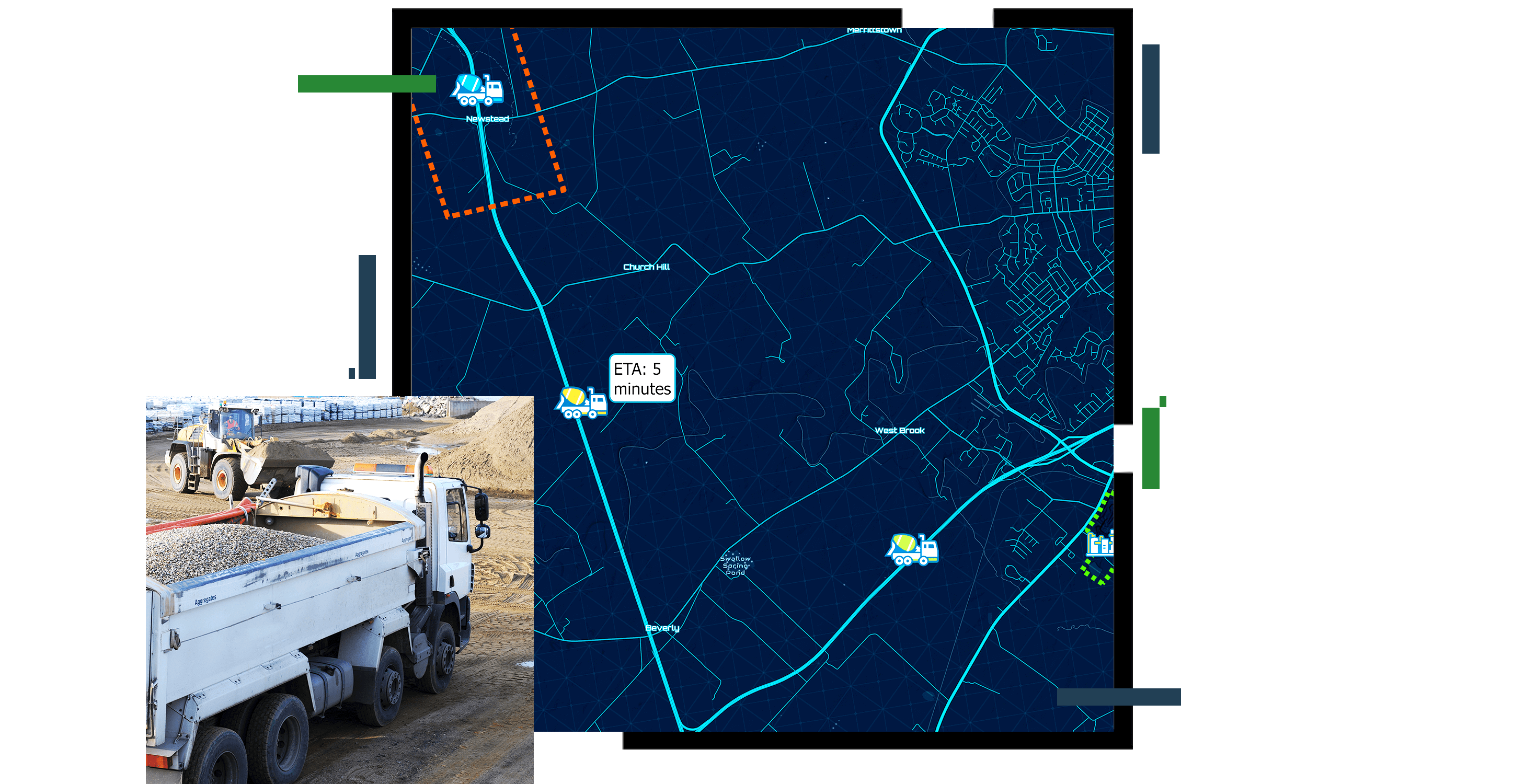 Un volquete cargado con grava que conduce a un campo de trabajo y un mapa que muestra la hora estimada de llegada de los camiones de trabajo a un sitio de construcción