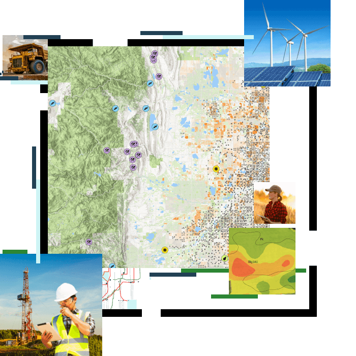 Mapa topográfico, persona de pie sobre hierba alta, persona con casco, molino de viento y paneles solares, y un camión