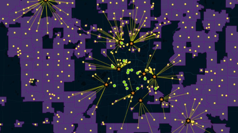 Mapa con áreas moradas y puntos y líneas amarillas