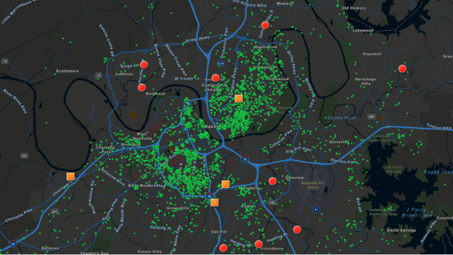 Mapa gris oscuro con líneas azules y puntos verdes
