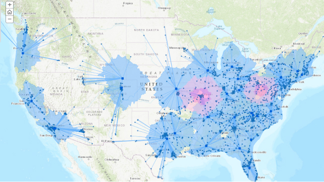 Mapa de Estados Unidos con puntos y líneas azules