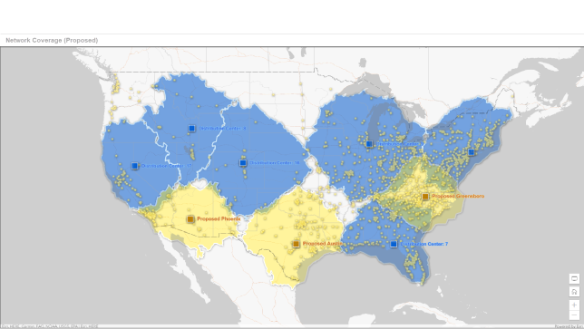 Mapa de Estados Unidos con áreas sombreadas en azul y amarillo