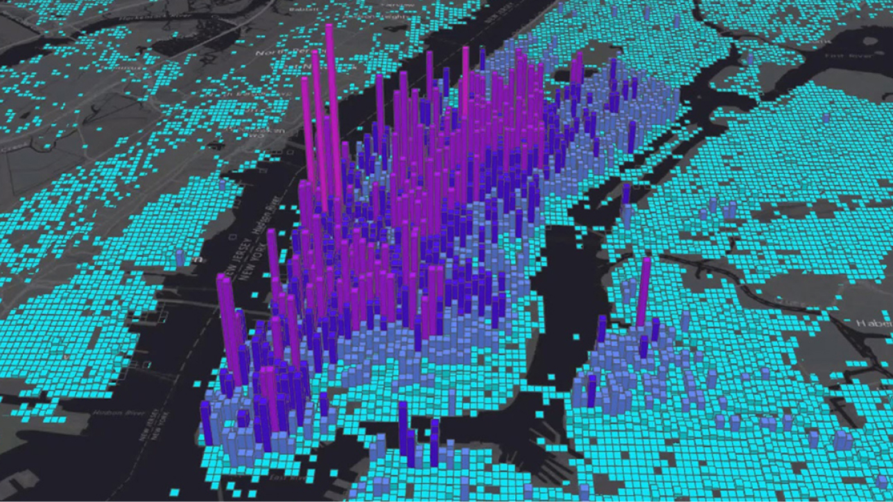 Mapa de la ciudad de Nueva York con datos mostrados en 3D