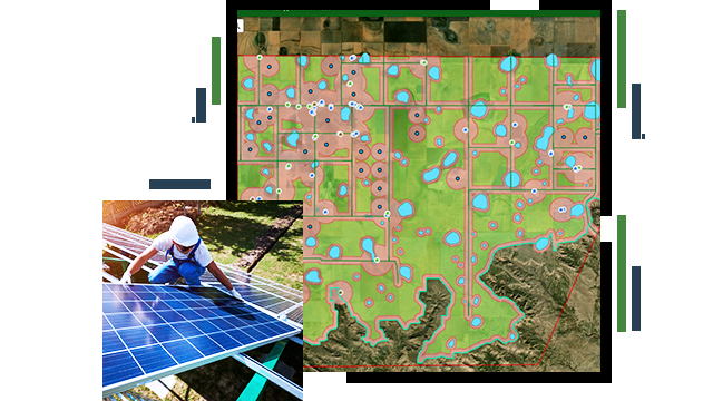 Un mapa del terreno con las zonas de hierba, tierra y agua indicadas, y un operario instalando paneles solares