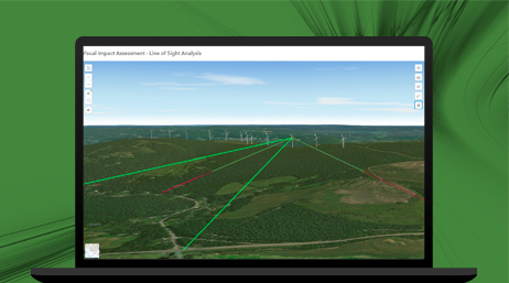 Un ordenador portátil que muestra un análisis visual en 3D de los aerogeneradores a distancia