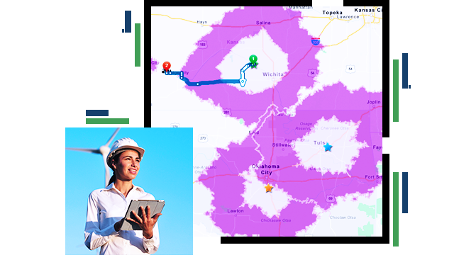 Un mapa con áreas resaltadas en púrpura que muestran las áreas de operación, y un trabajador de campo sosteniendo una tablet