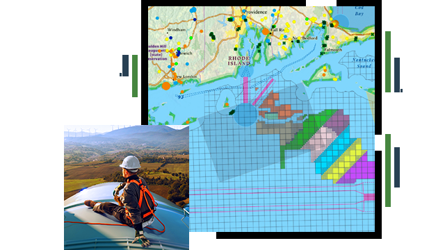 Un mapa en cuadrícula animado de la costa de Rhode Island con zonas del agua marcadas en diferentes colores, y un trabajador de campo sentado con un arnés de seguridad en un gran barril de metal