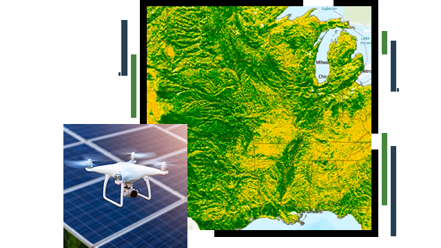 Un mapa que muestra los contornos de la altura y la forma de las montañas, y un dron que se cierne sobre un panel solar
