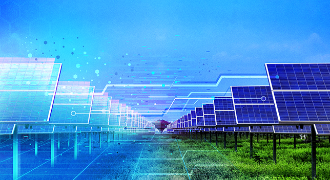 Una representación digital de la conexión de los paneles solares a la red, a la izquierda, y a la derecha, los paneles solares reales