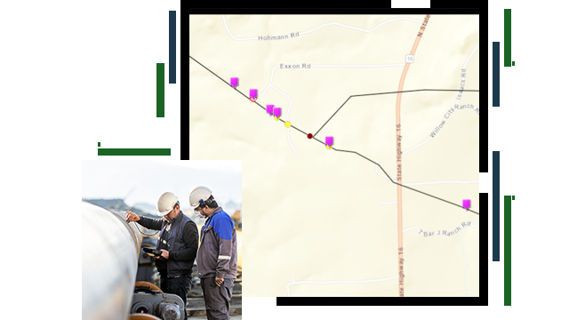 Dos operadores comprobando una tubería, y un mapa con iconos magenta sobre una ruta delineada