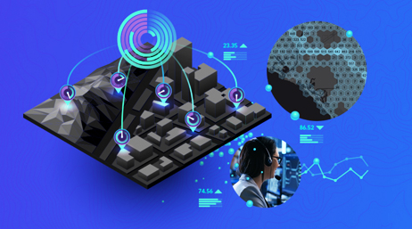 A graphic against a royal blue background, with a small 3D modeled city in gray, a portion of a gray city map in a circular border, and a small photo of a call center staffer in a headset