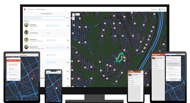 A graphic of a computer monitor, two tablets, and two mobile phones, all displaying coordinating map data