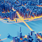 A photo of a computer-generated model of a city in blue and gold