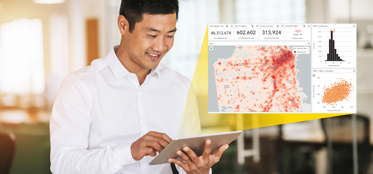A composite image of a person in a sunlit office wearing a white collared shirt smiling at a tablet in their hands, from which is projecting a map dashboard