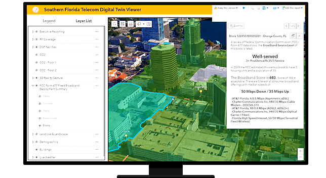 Un gráfico de un monitor de computadora que muestra un tablero de mapas con una foto de una ciudad sombreada en verde y azul y varias leyendas de mapas