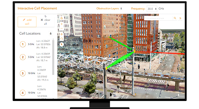 Un gráfico de un monitor de computadora que muestra un panel de mapa con una foto de una escena de la ciudad con líneas de telecomunicaciones resaltadas en verde y rojo