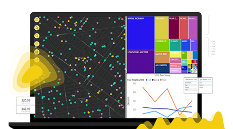 A graphic of a laptop monitor displaying a map dashboard with a city map and several graphs